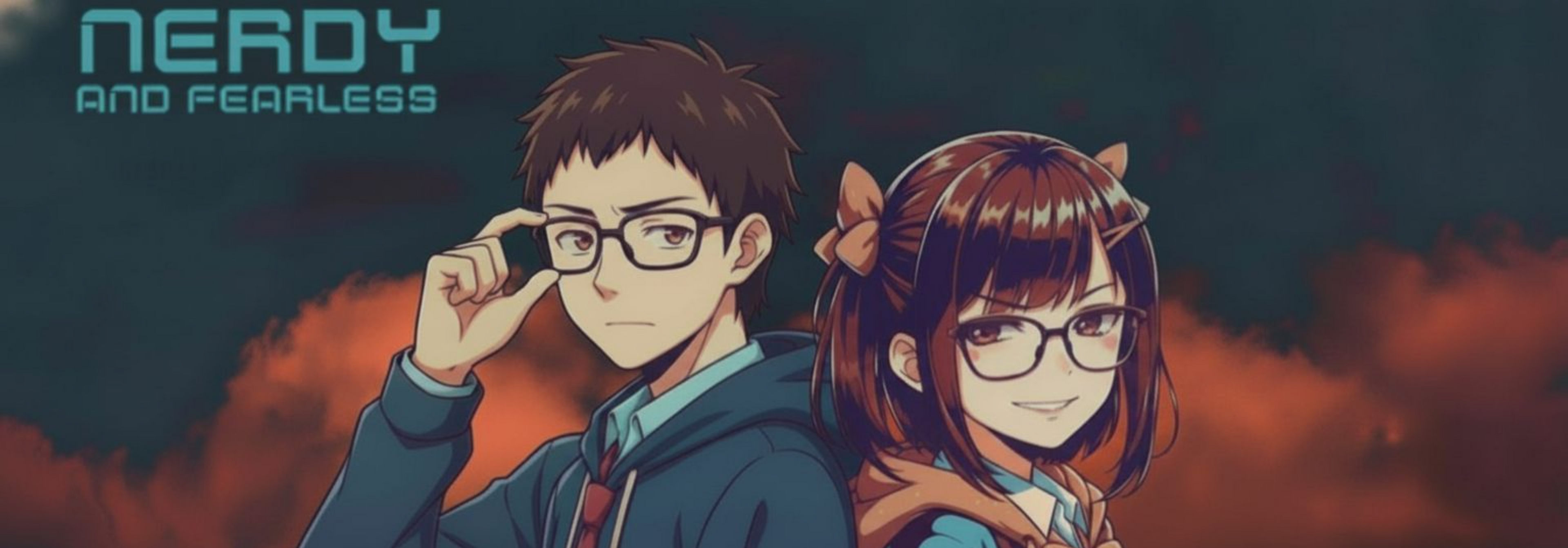 Two animated characters with glasses standing back-to-back against a dramatic sky with 'Nerdy and Fearless' text.